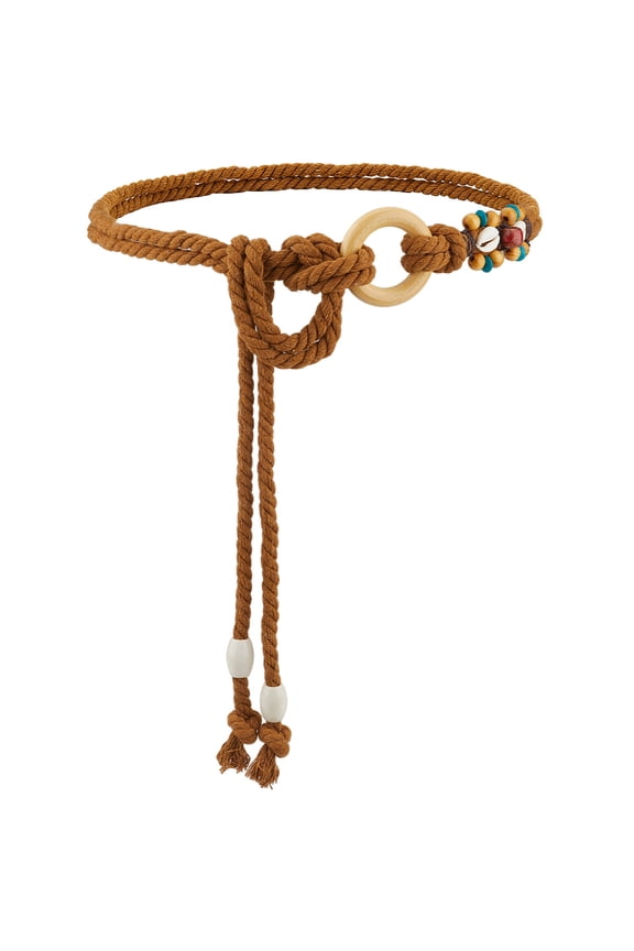 1 pc Handmade Weaving Cotton Linen Waist Chain Belts for Women Ladies Dress Coconut Brown 1400x8mm