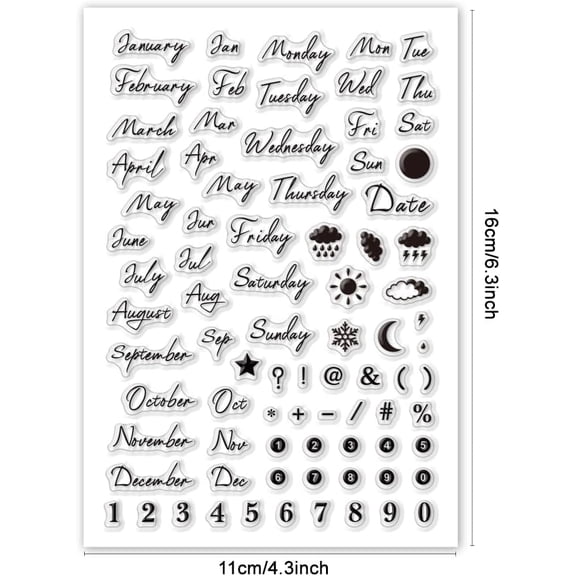 1 pc Handwritten Month Clear Stamp for Card Making Date Week Weather Silicone Stamp Number Symbol Transparent Rubber Stamp Seal Stamp for Journal Postcard Scrapbooking Gift Tags 1pc