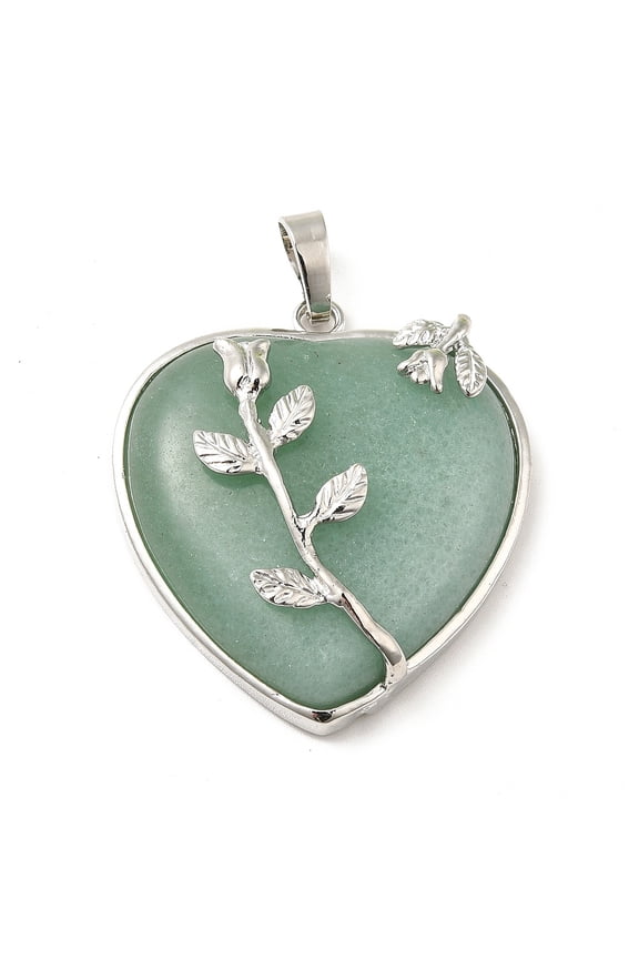 1 pc Heart Natural Green Aventurine Pendants with Platinum Plated Brass Pendant Settings 42~46x31~33mm Hole: 6mm Green Aventurine