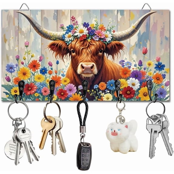 1 pc Highland Cattle and Flowers Key Holder Key Hooks Wall Mounted ...