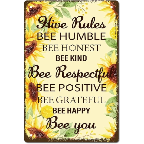 1 pc Hive Rules Bee Happy Metal Tin Sign Retro Vintage Funny Wall Decor Art Mural Hanging Iron Painting for Home Garden Bar Pub Kitchen Living Room Office Garage Poster Plaque 8 x 12 Inch