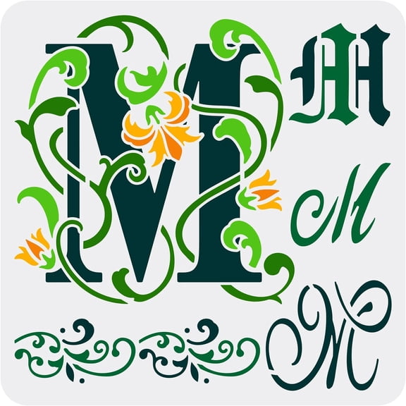 1 pc Initial M Painting Stencil 11.8x11.8inch Reusable Graffiti Letter M Drawing Template DIY Art Flower Vine Design Letter M Stencil Painting on Wood