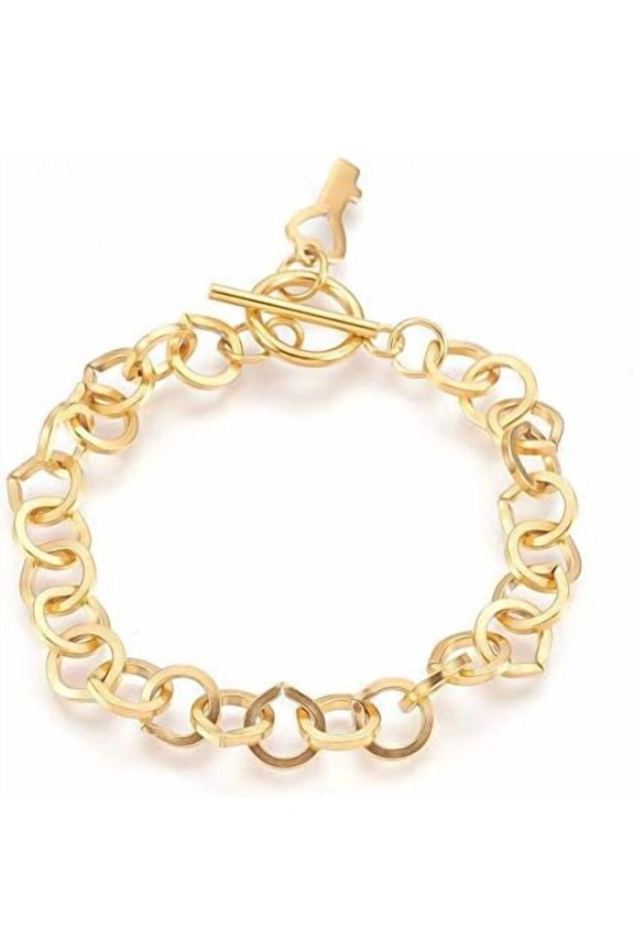 1 pc Ion Plating(IP) 304 Stainless Steel Cable Chain Bracelets with Toggle Clasps and Key Shape Charm Golden 7-5/8 inch(19.5cm) 9mm