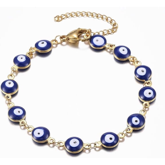 1 pc Ion Plating(IP) 304 Stainless Steel Link Bracelets Evil Eye Real 18K Gold Plated Blue 7-7/8 inch(200mm)