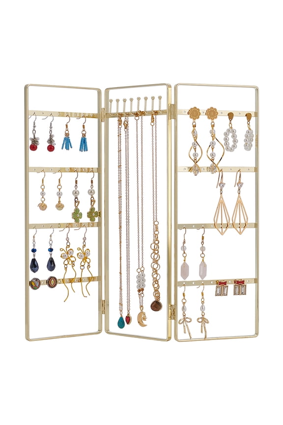 1 pc Iron Earring Display Folding Screen Stands Jewellery Earring Organizer Hanging Holder Rectangle Golden 28x10~30.7x0.6~1.8cm