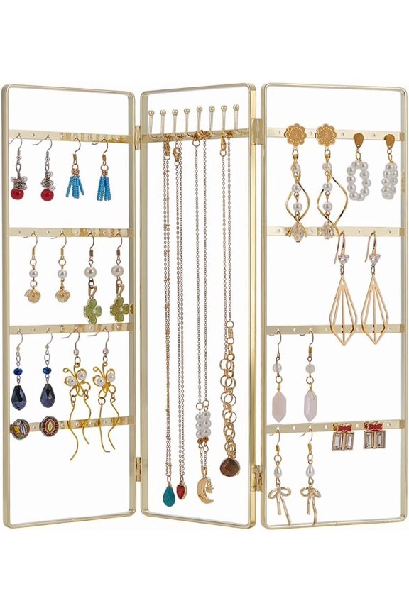 1 pc Iron Earring Display Folding Screen Stands with 3 Folding Panels Jewellery Earring Organizer Hanging Holder Rectangle Golden