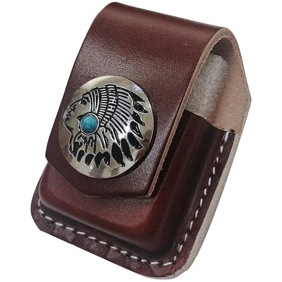 1 pc Leather Lighter Storage Bag Lighter Case with Belt Loop & Alloy Indian Head Pattern Snap Button Coconut Brown 77x58x38mm Hole: 44x8mm Inner Diameter: 39x15.5mm