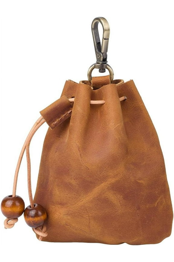 1 pc Leather Mini Pouch Keychain Coin Purse Drawstring Pouch for Men & Women Saddle Brown 12.5x10.6x2.1cm