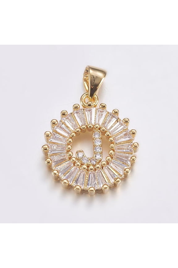 1 pc Long-Lasting Plated & Rack Plating Brass Micro Pave Cubic Zirconia Letter Pendants Flat Round Letter.J 19x15.5x2.5mm Hole: 3.5x4mm