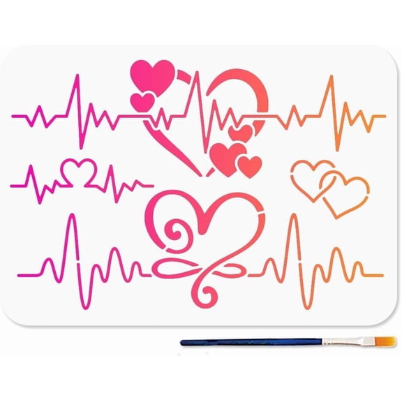 1 pc Love Heart Stencil 11.7x8.3inch Reusable Heartbeat Heartrate Stencils for Craft Paint Template with Paint Brush for Valentine's Day Wall Fabric Furniture Decor