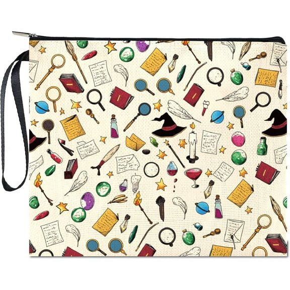 1 pc Magic Makeup Bags Polycotton Cosmetic Bag Multi Purpose with Metal Zipper Bag Organizer Toiletry Travel Purse Pouches Makeup Gifts for Wizard Series Fans 9.4x8Inch