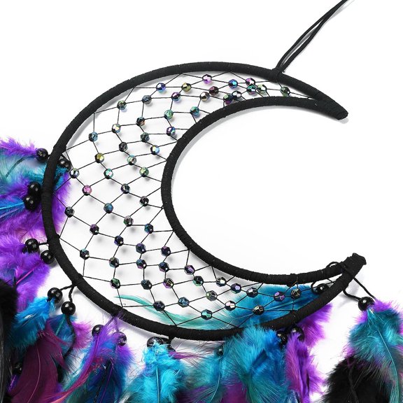 1 pc Moon Woven Web/Net with Feather Hanging Ornaments Iron Ring and Wood Beads for Home Living Room Bedroom Wall Decorations Black 800mm