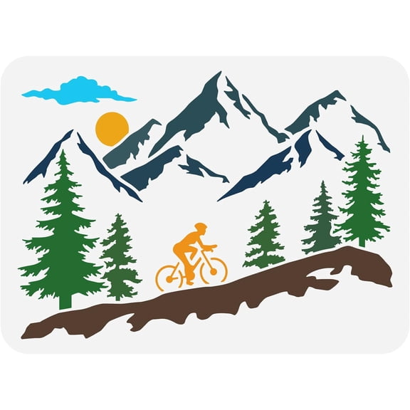 1 pc Mountain Tree and Cyclist Stencil 8.3x11.7inch Reusable Mountaineering Bikers Drawing Stencil Sunrise Painting Template Sports Theme Stencil