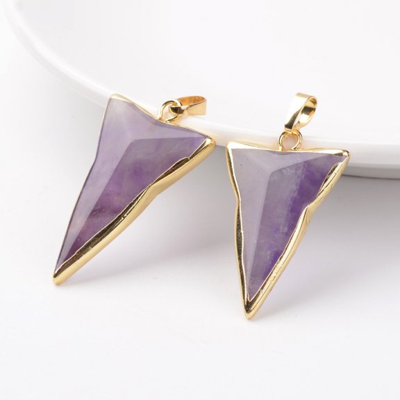 1 pc Natural Amethyst Pendants Triangle with Brass Findings Golden 30~40x20~31x6~10mm Hole: 5x7mm