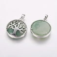 thumbnail image 1 of 1 pc Natural Green Aventurine Pendants with Brass Findings Platinum Flat Round with Tree of Life 31x27x6.5~7mm Hole: 5x8mm, 1 of 1
