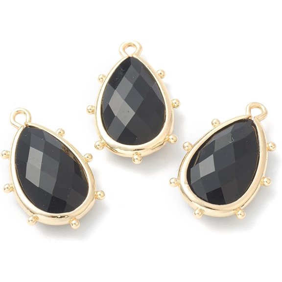 1 pc Natural Obsidian Pendants with Golden Brass Edge Faceted Teardrop 22.5x14x5.5mm Hole: 1.6mm