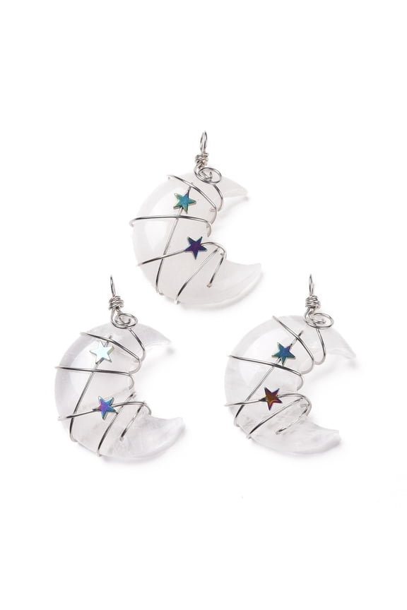 1 pc Natural Quartz Pendants Rock Pendants with Platinum Tone Brass Wire Wrapped and Hematite Star Beads Cadmium Free & Lead Free Moon