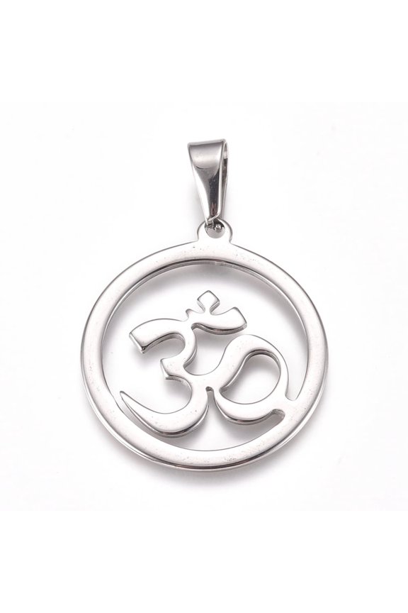 1 pc Non-Tarnish 304 Stainless Steel Pendants Ring with Aum/Om Symbol Stainless Steel color 33.5x30x1.5mm Hole: 10x4.5mm