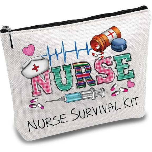 1 pc Nurse Makeup Bags Nurse Survival Kit Bag Nurse Gift for Women Canvas Cosmetic Bag Multi Purpose Pen Case Zipper Pouches Toiletry Travel Bag Purse for Nurse Practitioner 10 x 7Inch