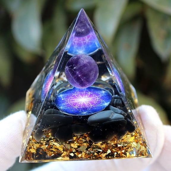 1 pc Orgonite Pyramid Resin Energy Generators Reiki Amethyst Chips Inside for Home Office Desk