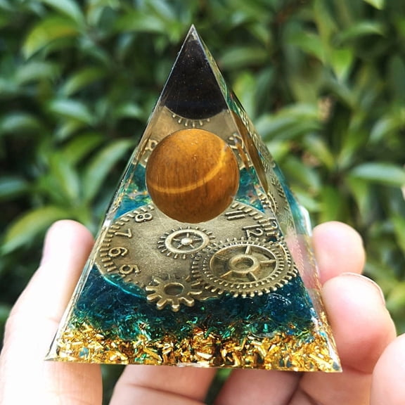 1 pc Orgonite Pyramid Resin Energy Generators Reiki Natural Tiger Eye & Lampwok Chip & Metal Clock Inside for Home Office Desk Decoration 60mm