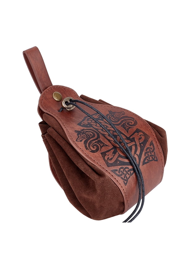 1 pc PU Leather & Suede Fabric Belt Pouch Waist Bag with Drawstring Chru Mace Pattern Coconut Brown 71cm