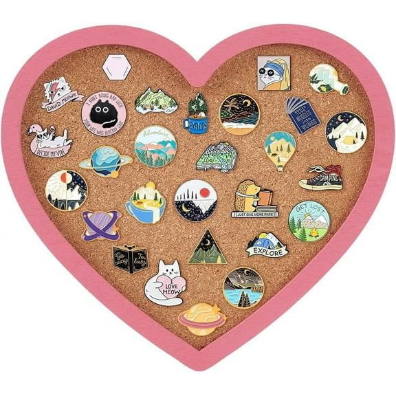 1 pc Pearl Pink Heart Pin Cork Board 7.8x7.1inch Bulletin Display Board Wall Mounted Cork Board with Pink Frame for Brooch Pin Storage Display Office Home and School Decor