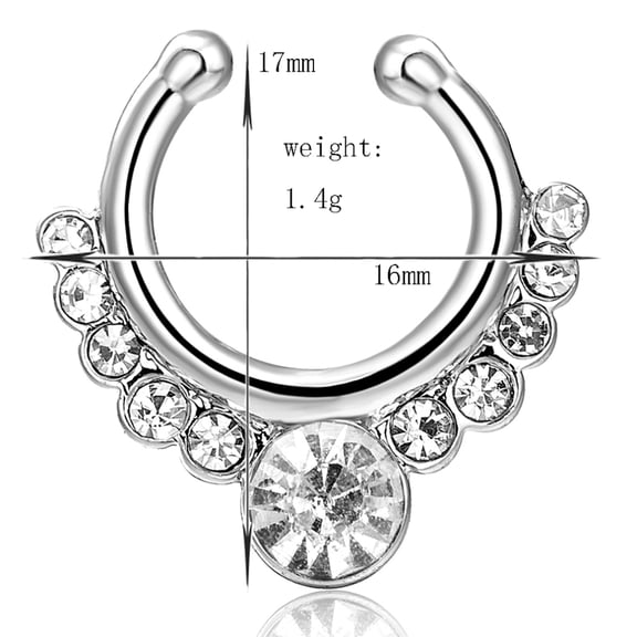 1 pc Personality Brass Cubic Zirconia Clip-on Nose Septum Rings Nose Piercing Jewelry Circular/Horseshoe Barbell Platinum Clear 17x16mm