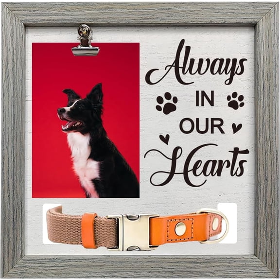 1 pc Pet Memorial Picture Frame 9x9inch Always In Our Hearts Wood Passed Dog Cat Frame with Photo Clip & Collar Holder Dog Cat Pets Bereavement Remembrance Photo Frame
