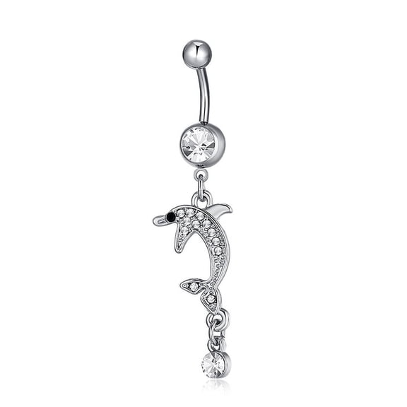 1 pc Piercing Jewelry Brass Cubic Zirconia Navel Ring Belly Rings with 304 Stainless Steel Bar Lead Free Cadmium Free Dlophin Clear Platinum 59x14mm Bar Length: 3/8"(10mm) Bar: 14 Gauge(1.6mm)