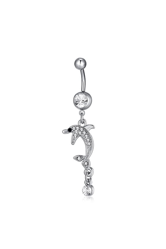 1 pc Piercing Jewelry Brass Cubic Zirconia Navel Ring Belly Rings with 304 Stainless Steel Bar Lead Free Cadmium Free Dlophin Clear Platinum 59x14mm Bar Length: 3/8"(10mm) Bar: 14 Gauge(1.6mm)