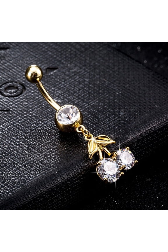 1 pc Piercing Jewelry Brass Cubic Zirconia Ring Belly Rings Cherry Real 18K Gold Plated 40x13mm Bar: 15 Gauge(1.5mm) Bar Length: 3/8inch