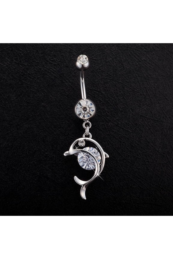 1 pc Piercing Jewelry Real Platinum Plated Brass Rhinestone Dolphin Navel Ring Belly Rings 51x16mm Bar Length: 3/8"(10mm) Bar: 14 Gauge(1.6mm)