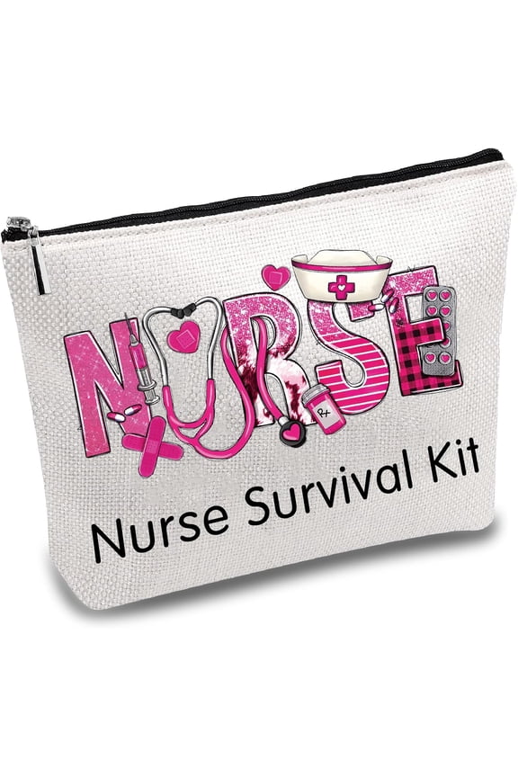 1 pc Pink Nurse Survival Kit Canvas Makeup Bags Cosmetic Bag with Metal Zipper Pouches Polycotton Toiletry Travel Bag Purse Gifts for Nurse Practitioner Women Nursing Student 10x7Inch