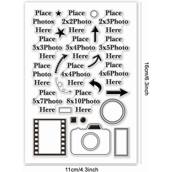 1 pc Place Photo Here Clear Stamp Arrow Silicone Stamp Camera Rubber Stamp Image Frame Transparent Stamp Picture Size Seal Stamp for Album Scrapbooking Card Making DIY Craft 6.2x4.3 Inch