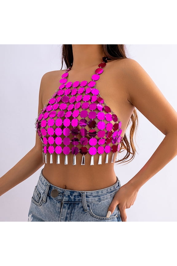 1 pc Plastic Sequin Body Chain for Women Sexy Beach Bikini Circular Dress Magenta 890mm