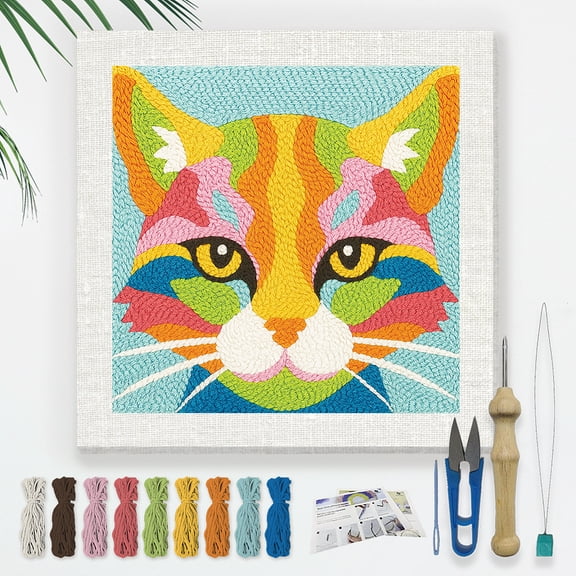 1 pc Polyester Cotton Punch Needle 4Folded Yarns Embroidery Kits Punch Needle Thread Clips 3.5MM Wooden Needle Cat Shape 240x240mm