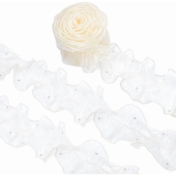1 pc Polyester Ribbons with Imitation Pearl Beads DIY Sewing Ornament Floral White 120mm 4m/pc