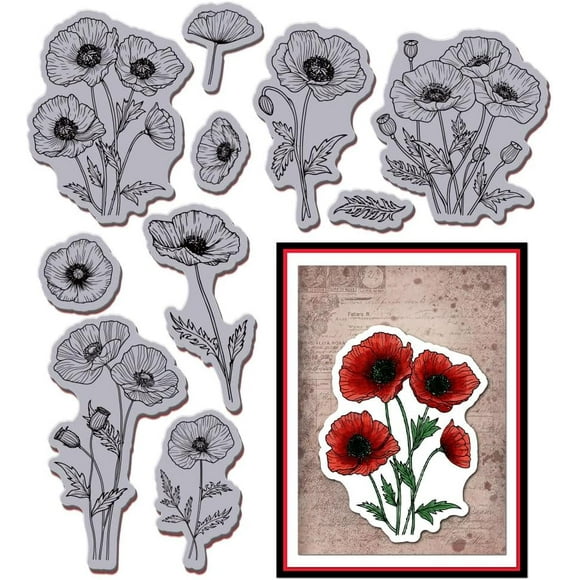 1 pc Poppy Flowers Cling Rubber Stamp 8.7x7in Poppy EVA Stamps Embossing Stamp Seal Flower Rubber Stamps for DIY Scrapbooking and Card Making Paper Craft Decor