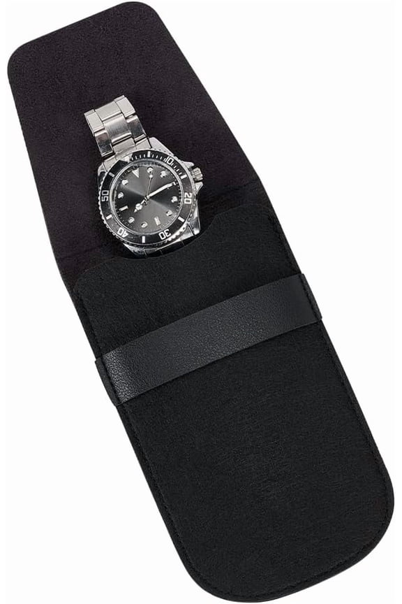 1 pc Portable PU Leather & Felt Single Watch Pouch Storage Bags Envelope Style Watch Travel Case Organizer for Men and Women Black 16x9.2x0.8cm