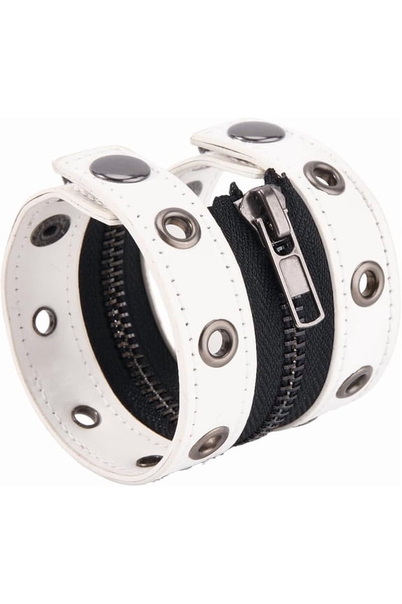 1 pc Punk PU Leather Cord Bracelets Zipper Wristband Bracelets for Men Women White 8-5/8x2-1/4x1/4 inch(22x5.7x0.6cm)