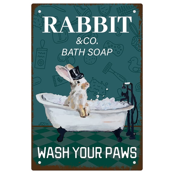 1 pc Rabbit Metal Tin Sign Co Bath Soap Wash Your Paws Garage Signs plaques Vintage Poster Wall Decor Accessories for Home Wall Poster Bar Pub Backyard Coffee Men Women Gifts 8 x 12Inch