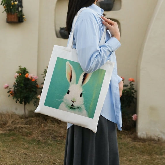 1 pc Rabbit Pattern Beach Bag Shoulder Bag Shopping Work Eco-Friendly Canvas Tote Bag for women