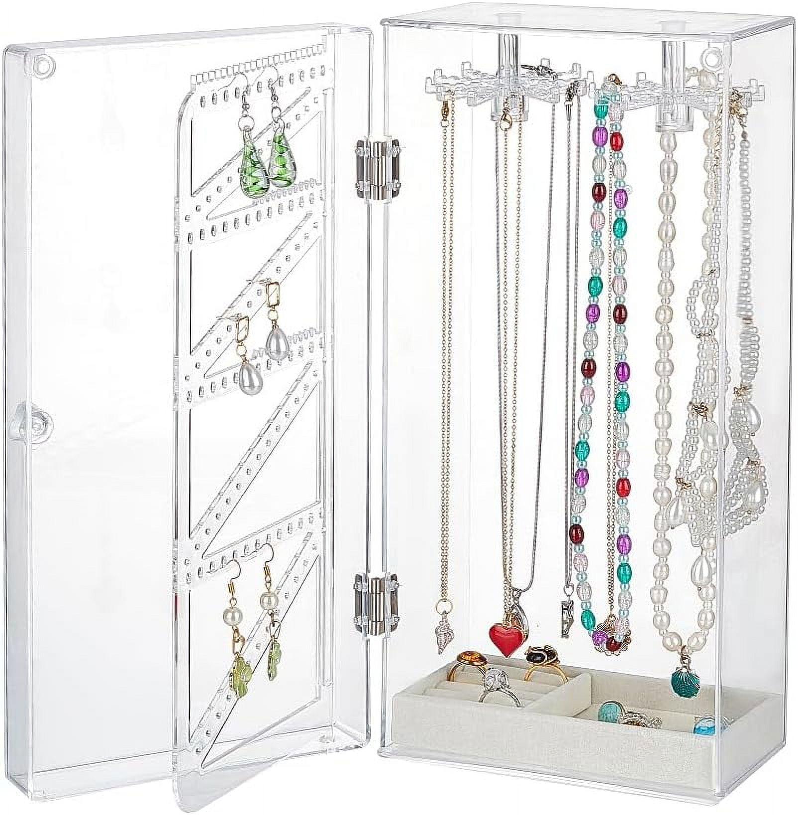 1 pc Rectangle Plastic Jewelry Organizer Storage Box with 24 Hooks 72-Slot Rotatable Hanging Necklace Holder with Dust-proof Velvet Jewelry Tray