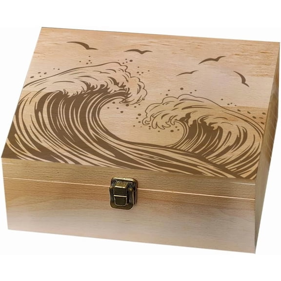 1 pc Rectangle Wooden Memory Keepsake Boxes with Lids for Anniversary Wedding Memory Birthday Valentines Day Sea Wave 24.5x19.5x10.3cm for Handmade