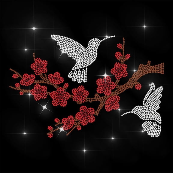 1 pc Red Rhinestone Iron on Transfer Plum Blossom and Hummingbird Bling Diamond Hotfix Patches for Clothes 11.6"x8.2" Large Iron On Sequin Applique