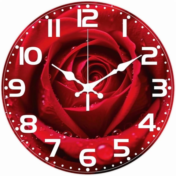 1 pc Red Rose Pattern Wall Clock 12 Inch Non-Ticking Clocks Round Wall Hanging Clock Battery Operated for Bedroom Living Room Kitchen Office