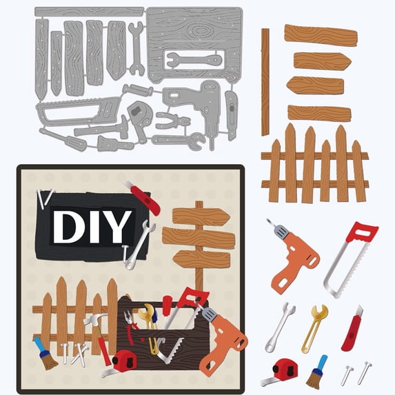 1 pc Repair Tool Theme Cutting Dies Tool Kit Drill Carbon Steel Die Cuts Fence Wrench Screwdriver Embossing Stencil Template for Card Making Scrapbooking Photo Album Decoration