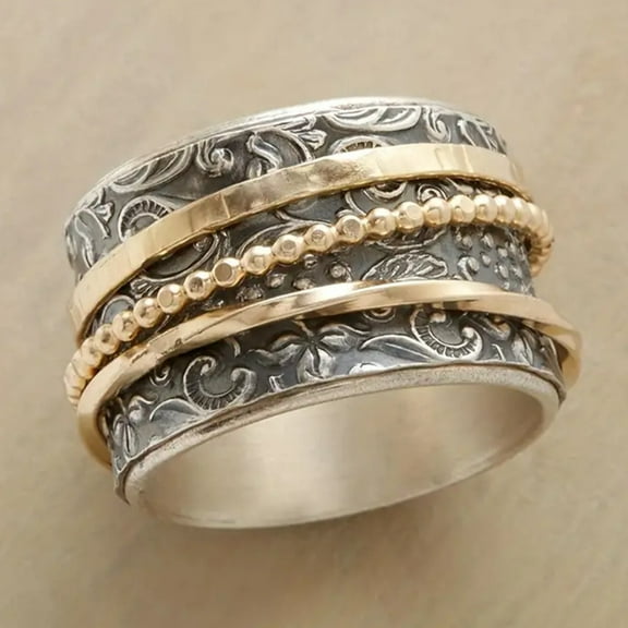1 pc Retro Alloy Rotating Finger Rings Style for Couples Fidget Spinner Ring for Calming Worry Meditation Silver US Size 9(18.9mm)