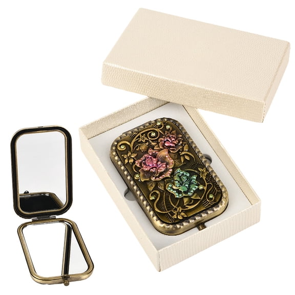 1 pc Retro Rectangle Alloy Fold Mirror with Glass Mirror Surface Flower 10.2x6.05x2.15~2.25cm
